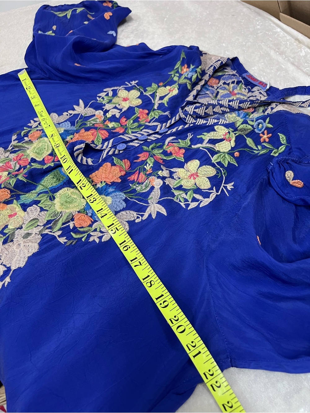 Johnny Was vibrant Blue Embroidered intricate bird floral V-Neck Tunic XL - Picture 4 of 14